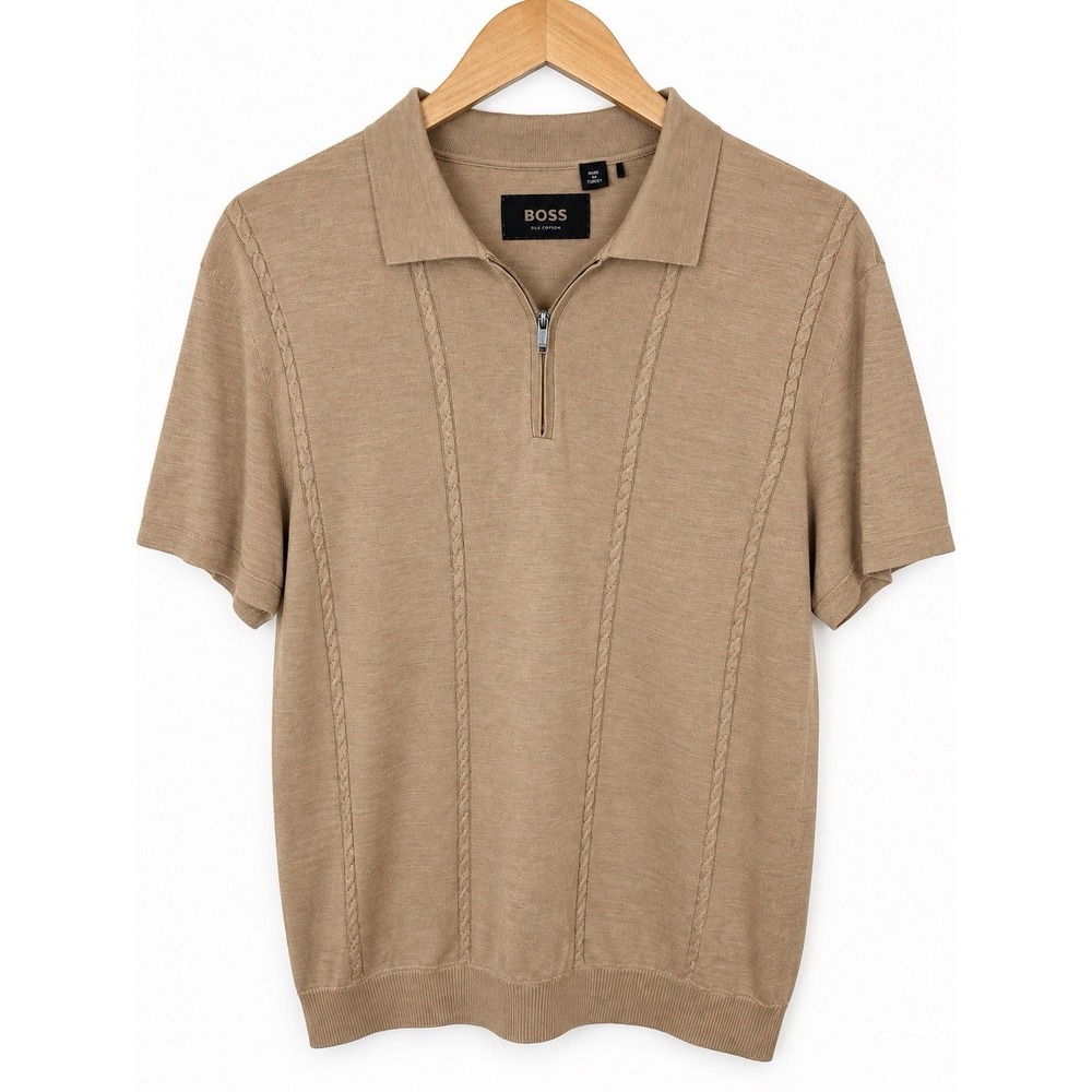 Hugo Boss Q Zip Polo Mens XL 50% Silk 50% Cotton Cable Knit 1/4 Zip Tan Shirt